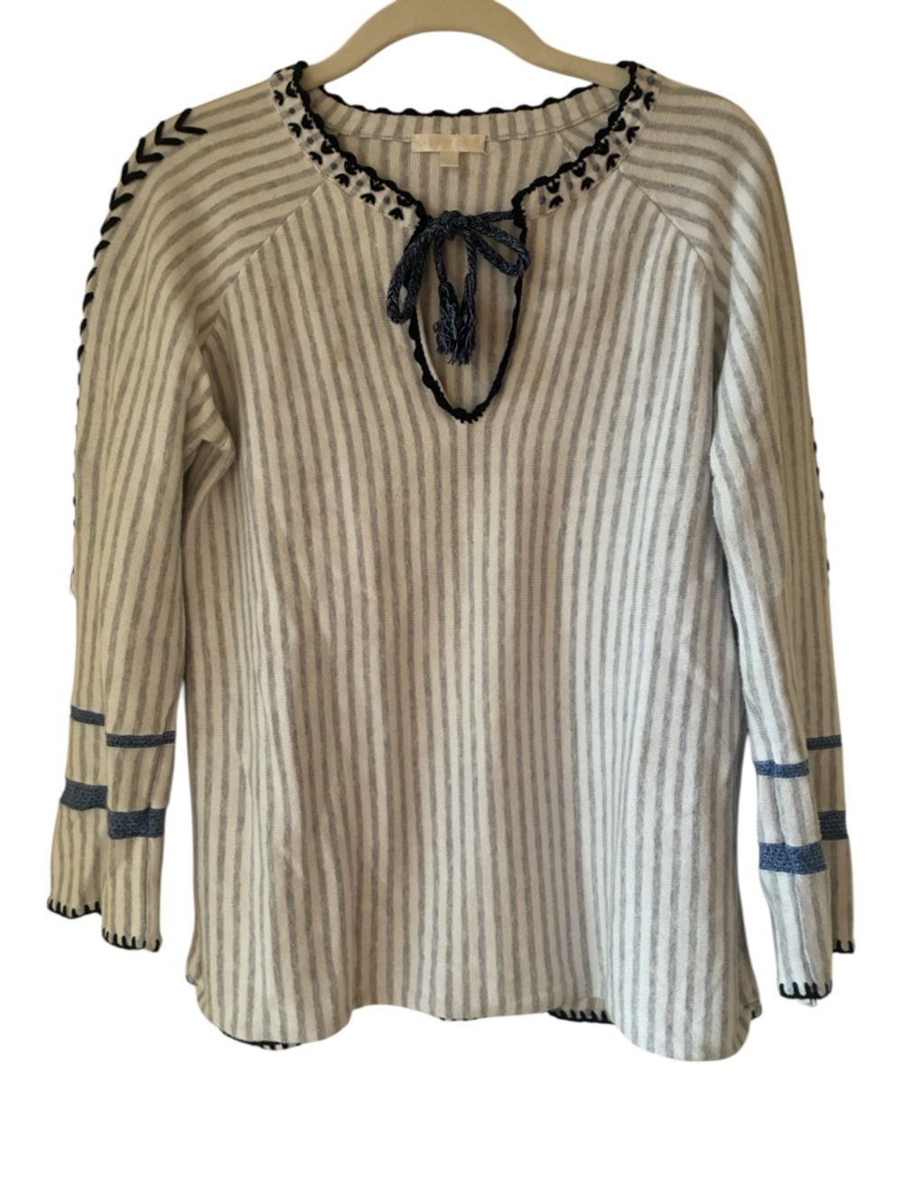 Lisa Todd Striped Boho Knit Top Blue White Embroidered Tassel Tie Neck Small